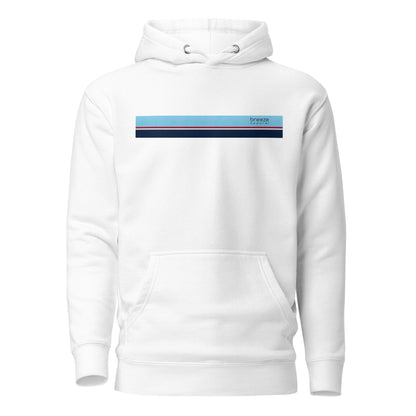White hoodie with light-blue, red, white, and navy stripe across chest.