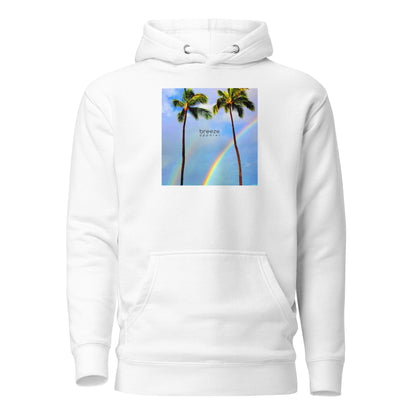 White hoodie with graphic of palm trees with rainbows in the background.