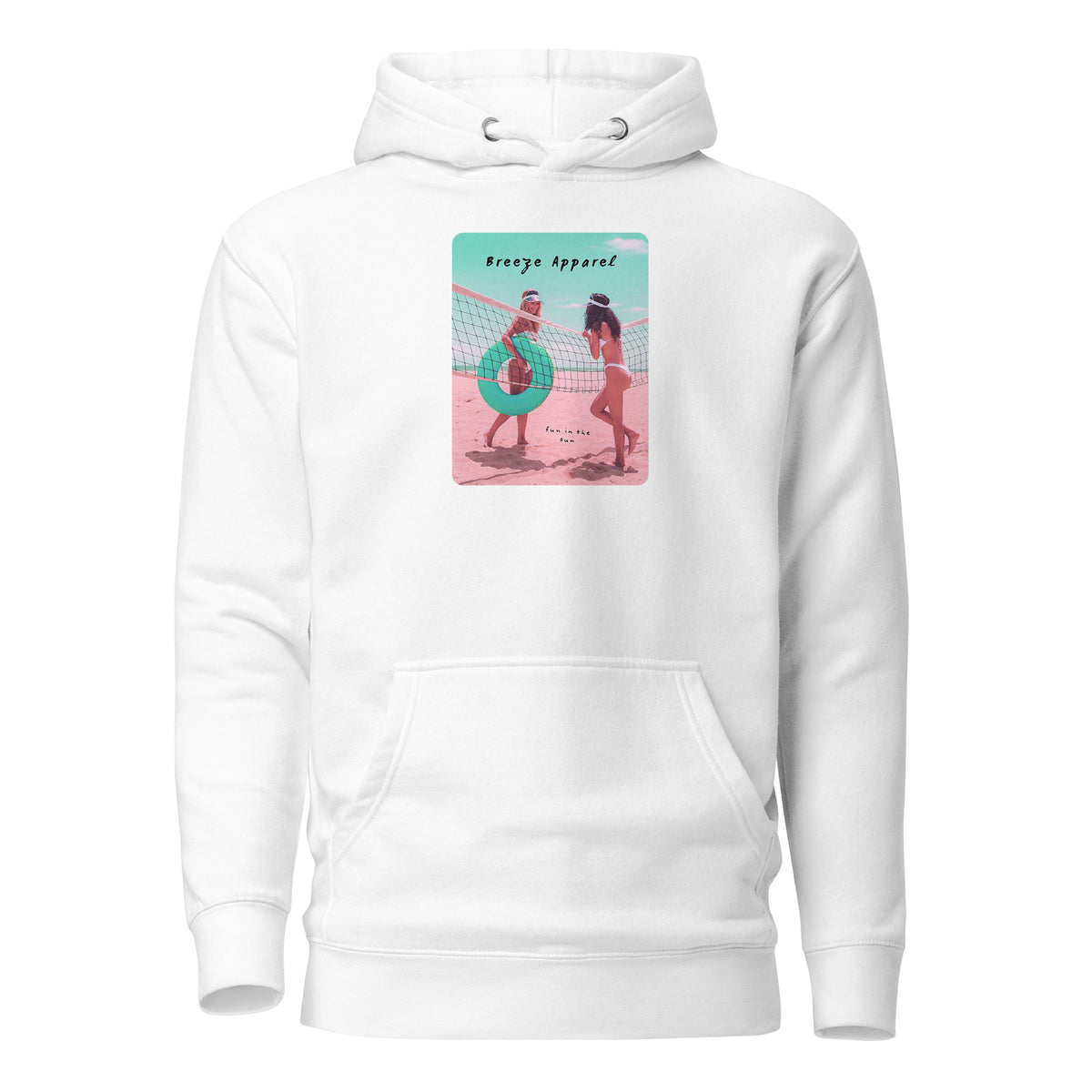 White hoodie with graphic of two women in bikinis on beach.