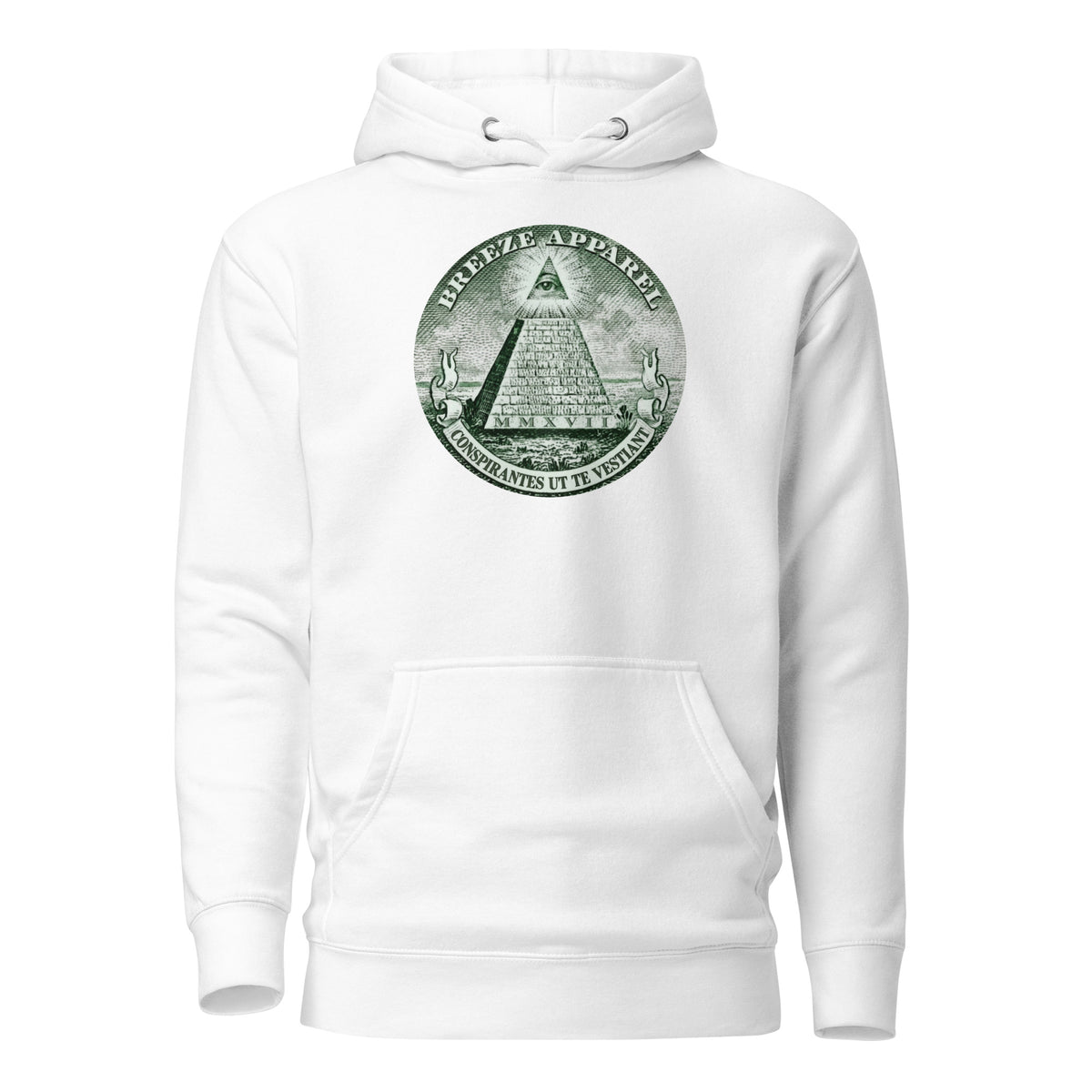 White hoodie with graphic resembling pyramid on US one-dollar bill.
