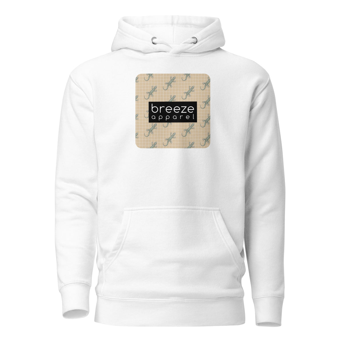 White hoodie with square over chest that contains pattern of green geckos set on beige background, overlaid with black, rectangular logo with white lettering.