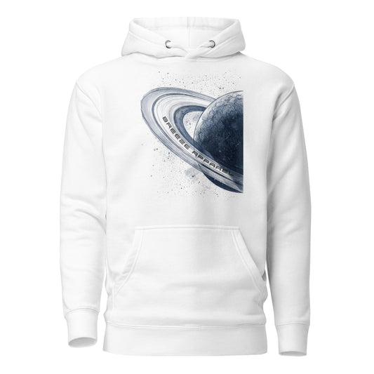 White hoodie with graphic of blue planet.