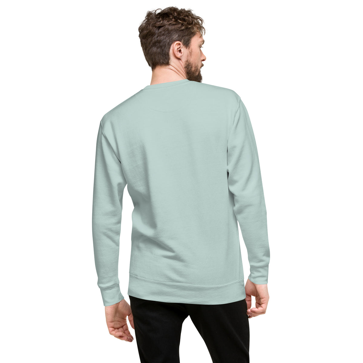Rear view of man wearing silver-blue sweatshirt.