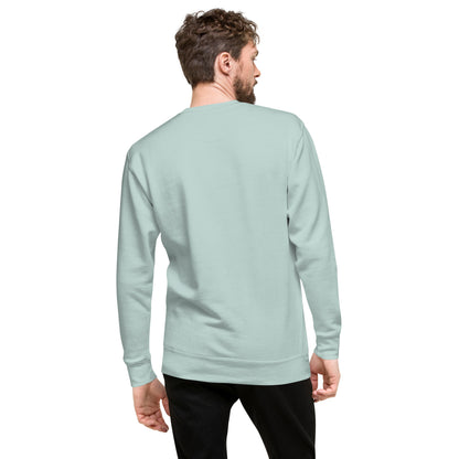Rear view of man wearing silver-blue sweatshirt.