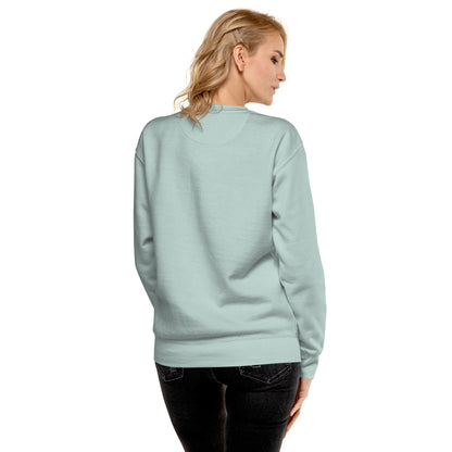 Rear view of woman wearing silver-blue sweatshirt.