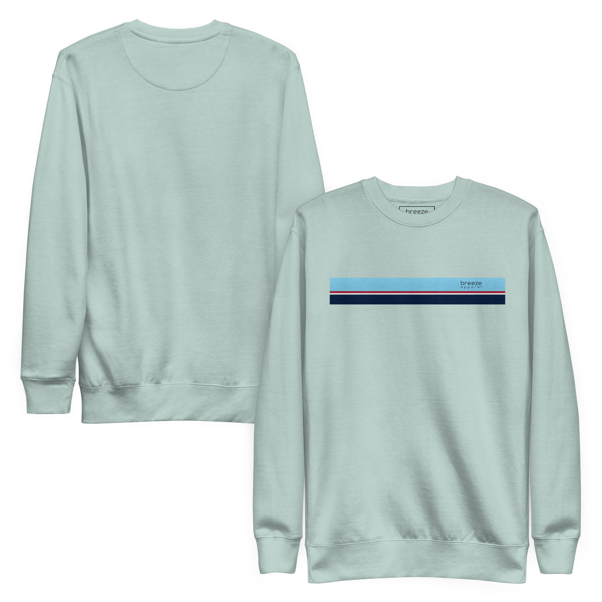 Silver-blue sweatshirt with horizontal light-blue, red, white, and navy stripes across chest. Plain back also shown.