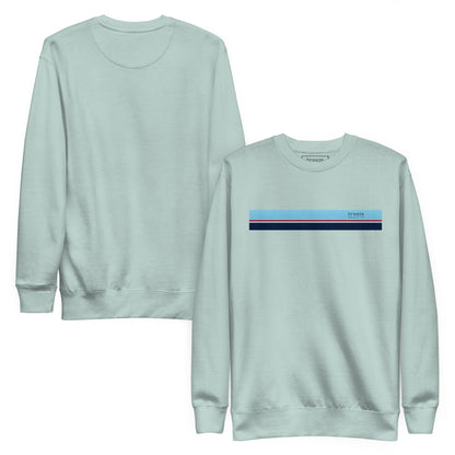 Silver-blue sweatshirt with horizontal light-blue, red, white, and navy stripes across chest. Plain back also shown.