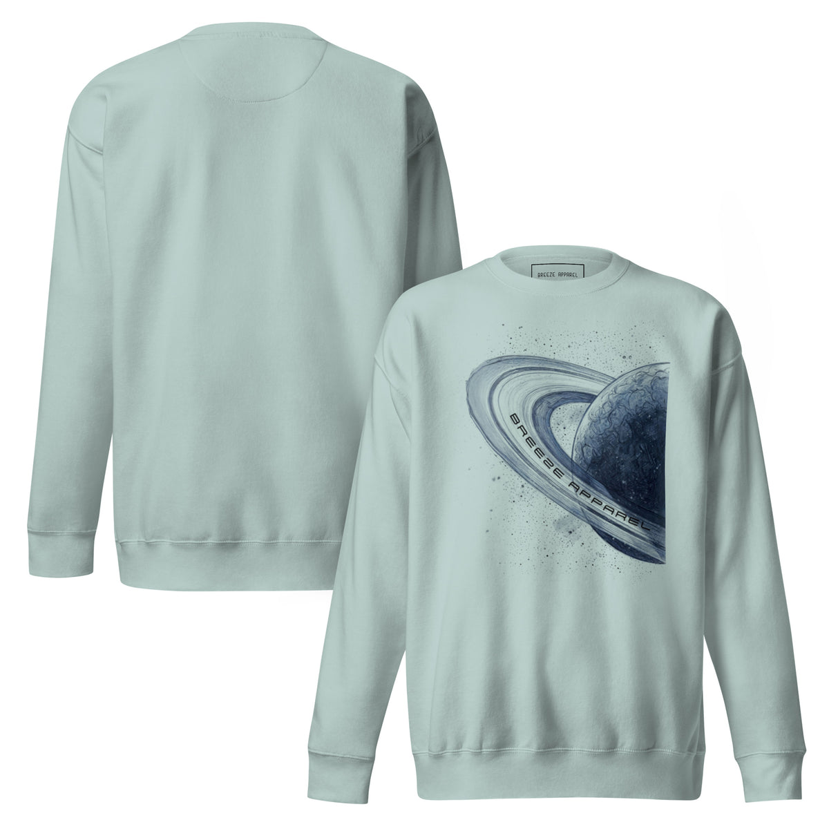 Blue sweatshirt with graphic of blue planet. Plain back of shirt also shown.