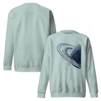 Blue sweatshirt with graphic of blue planet. Plain back of shirt also shown.