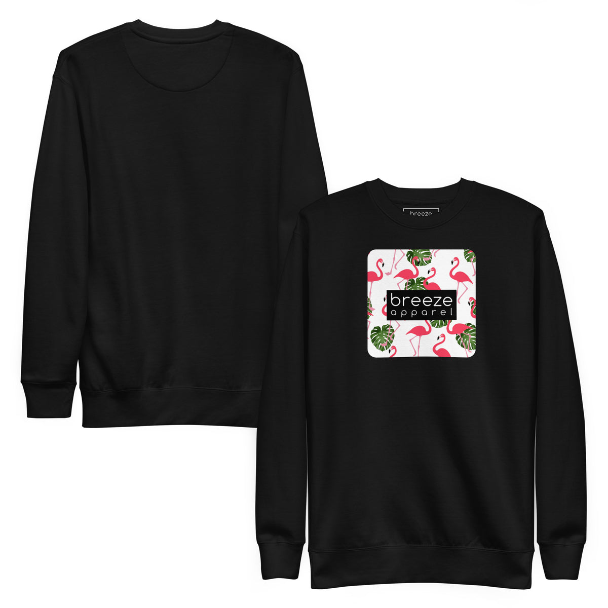 Black sweatshirt with square graphic of flamingos and green palm leaves set on a white background and overlaid with a black, rectangular logo. Plain back of shirt also shown.