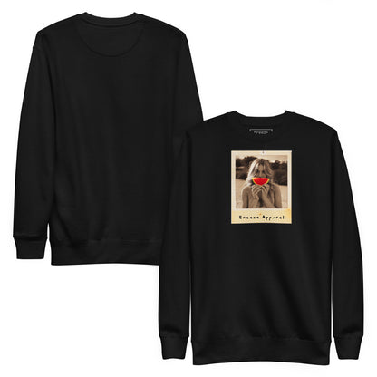 Black sweatshirt with graphic of woman holding slice of watermelon in front of her mouth. Plain back also shown.