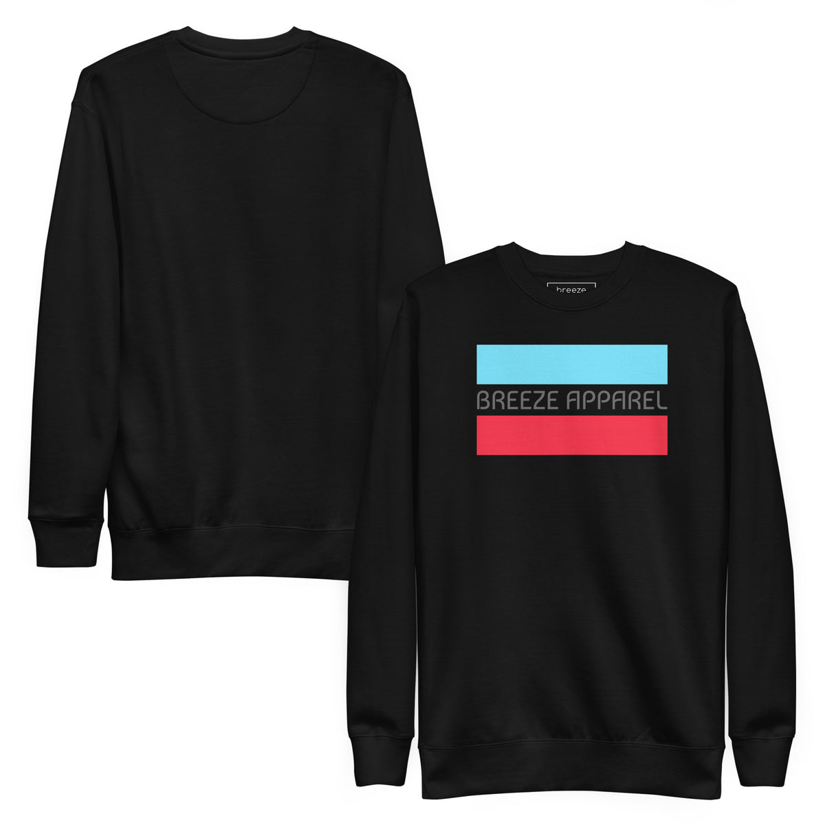 Black sweatshirt with logo consisting of gray lettering set between light-blue and red horizontal lines. Plain back also shown.
