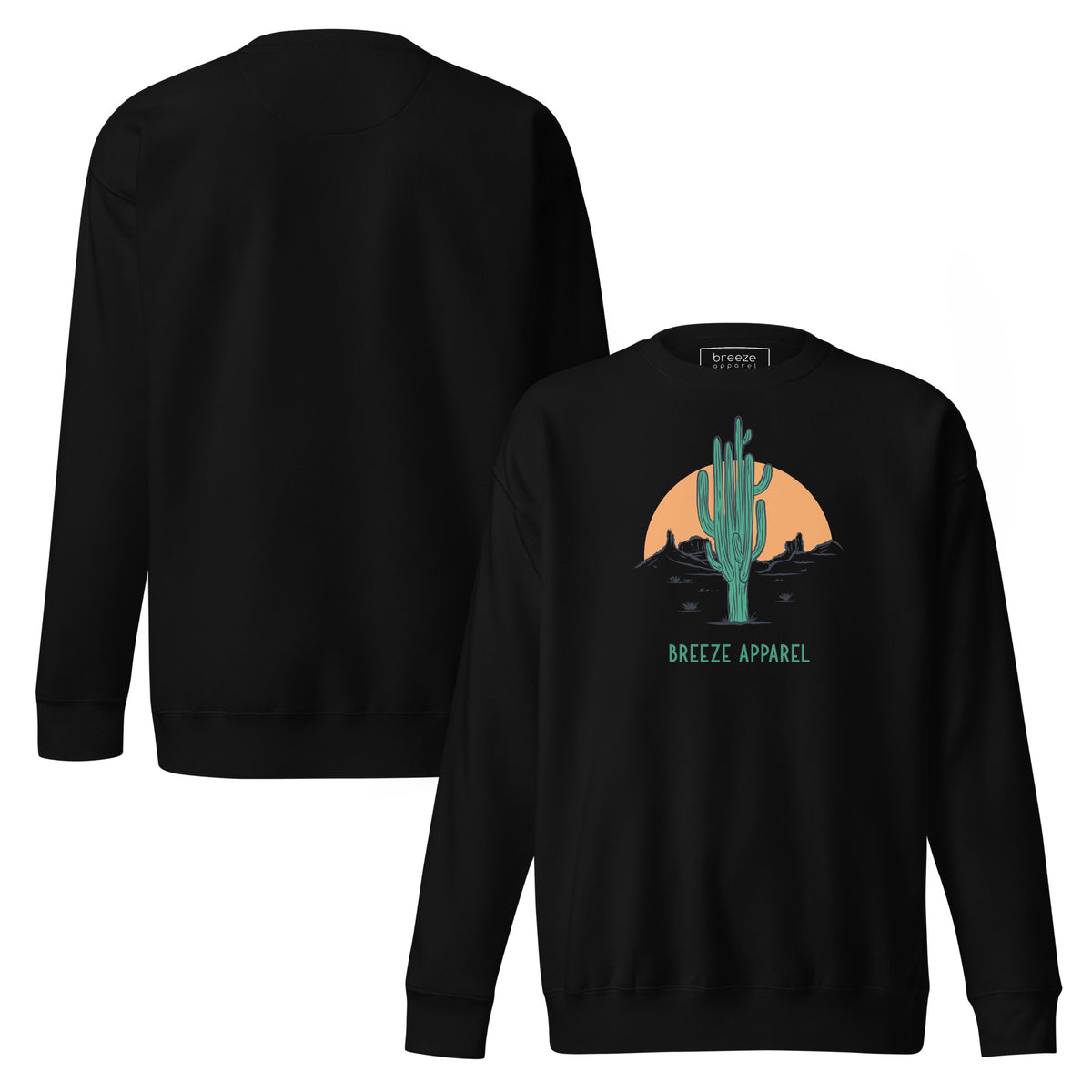 Black sweatshirt with graphic of cactus and sun. Plain back also shown.