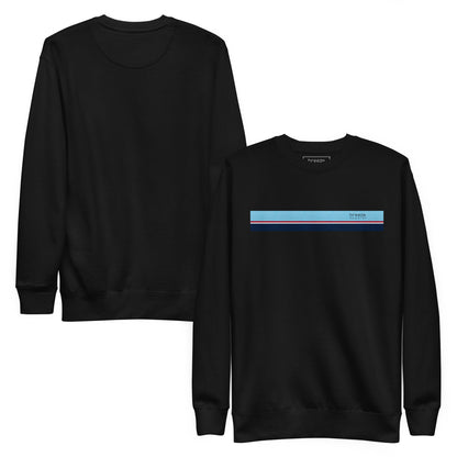 Black sweatshirt with horizontal light-blue, red, white, and navy stripes across chest. Plain back also shown.