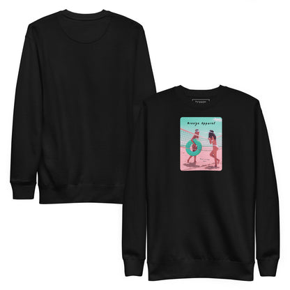 Black sweatshirt with graphic of two women in bikinis, talking on the beach. Plain back of shirt is also shown.