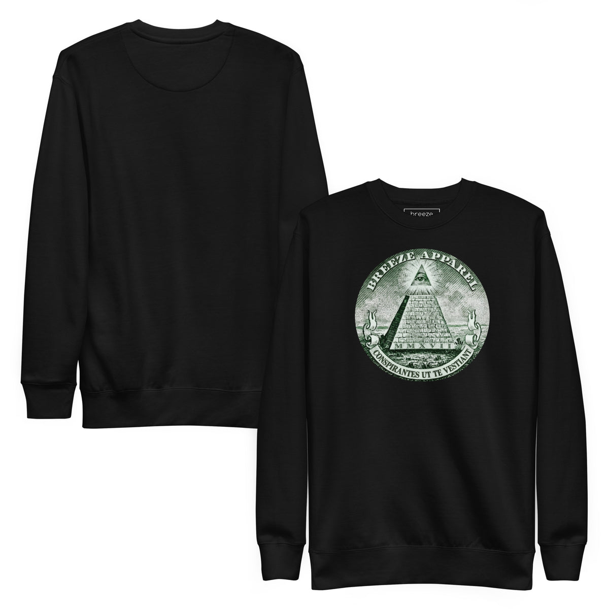Black sweatshirt with graphic of pyramid resembling that on the US one-dollar bill. Plain back of shirt also shown.