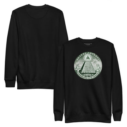 Black sweatshirt with graphic of pyramid resembling that on the US one-dollar bill. Plain back of shirt also shown.
