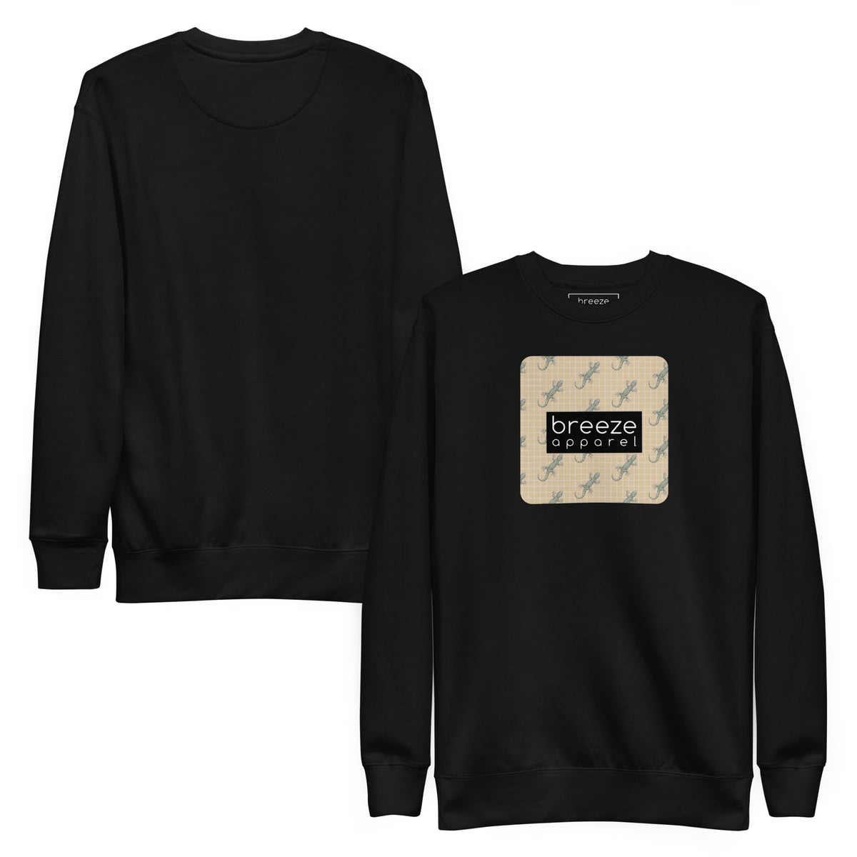Black sweatshirt with square over chest that contains pattern of green geckos set on beige background, overlaid with black, rectangular logo with white lettering. Plain back also shown.