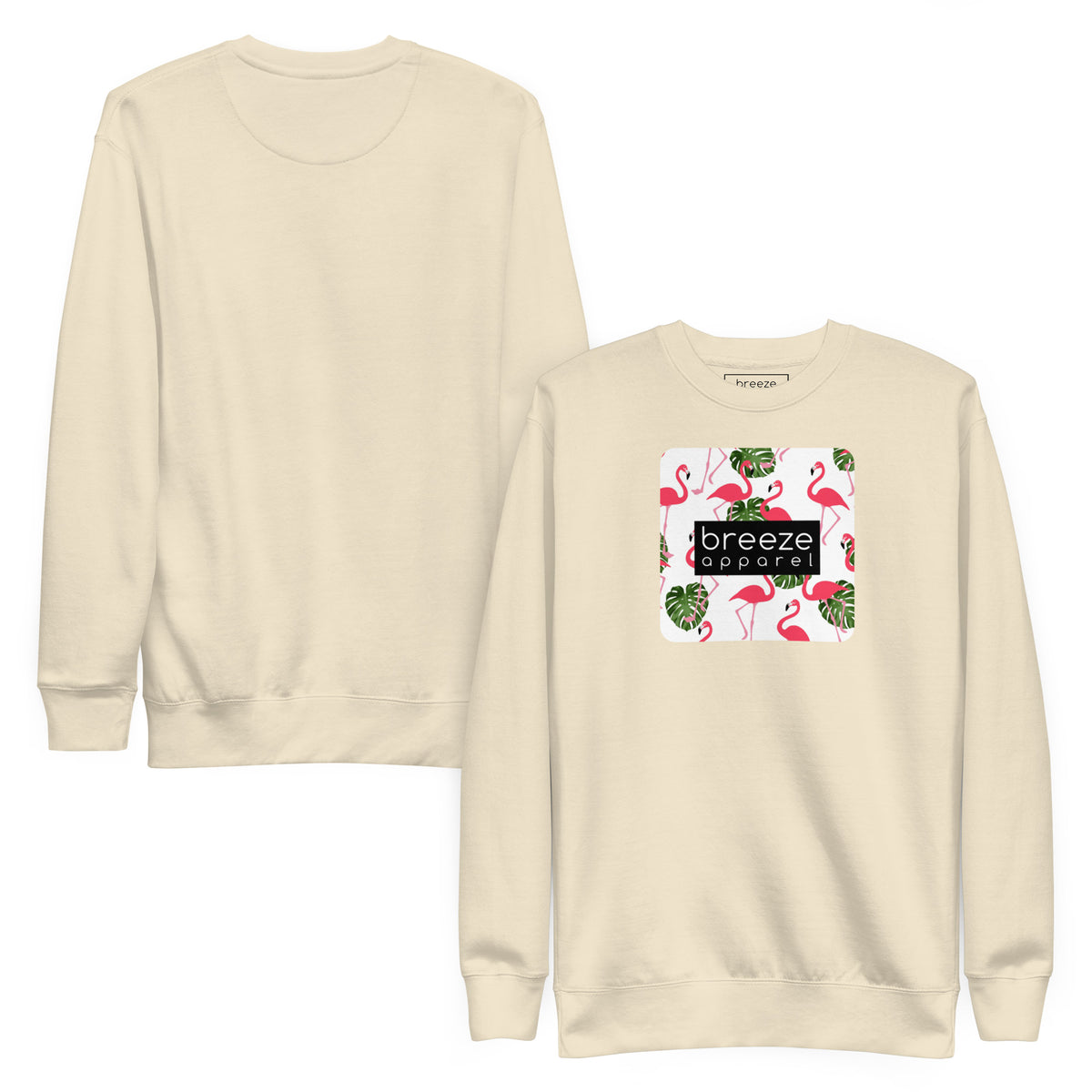 Beige sweatshirt with square graphic of flamingos and green palm leaves set on a white background and overlaid with a black, rectangular logo. Plain back of shirt also shown.