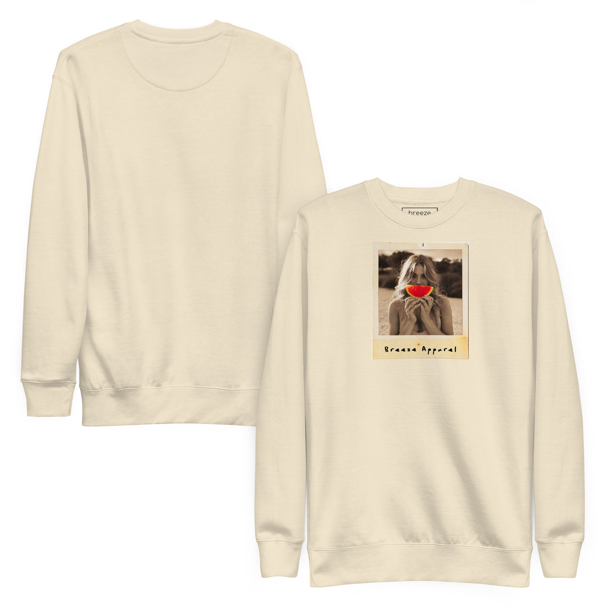 Beige sweatshirt with graphic of woman holding slice of watermelon in front of her mouth. Plain back also shown.