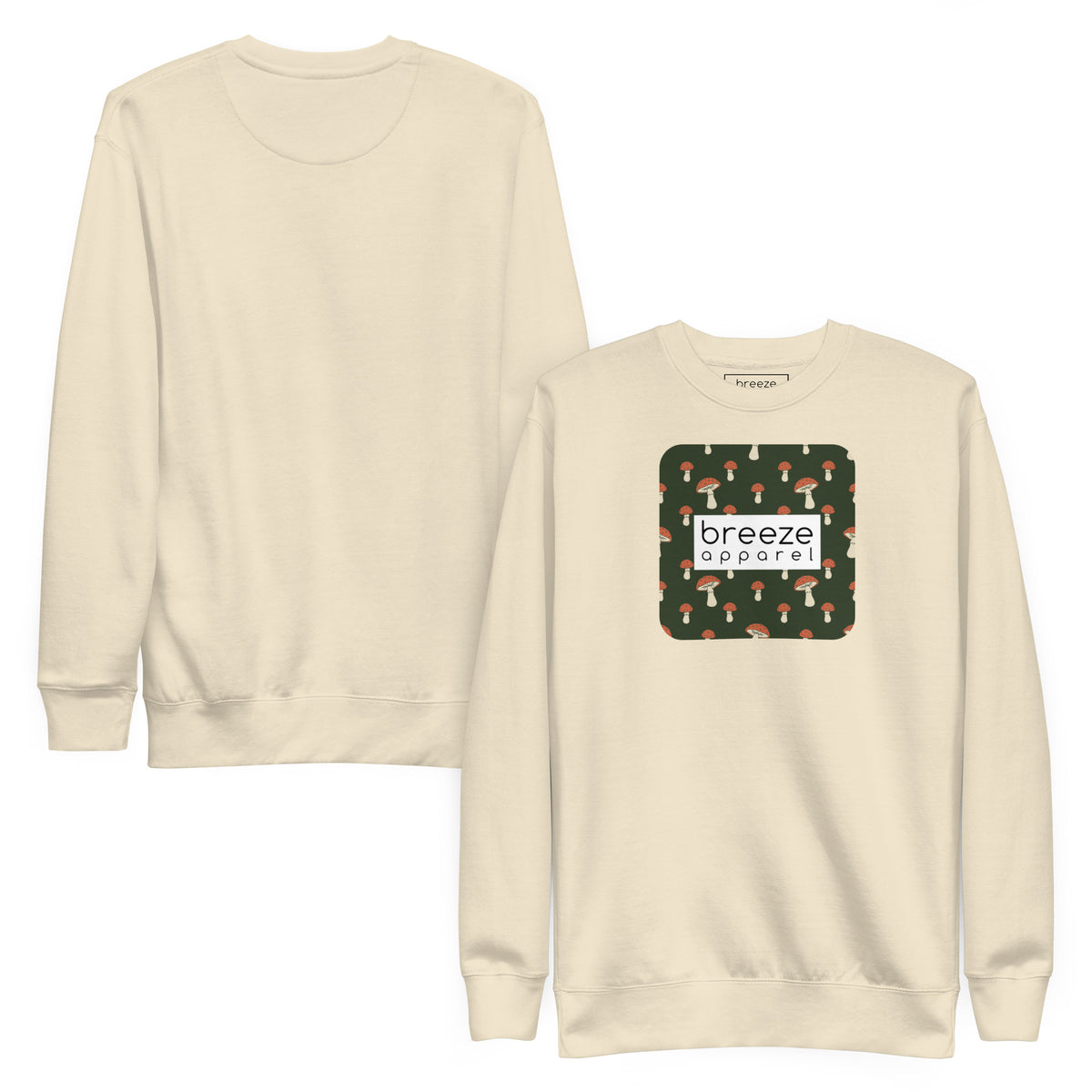 Beige sweatshirt with square graphic of mushrooms set on a green background and overlaid with a white, rectangular logo. Plain back also shown.