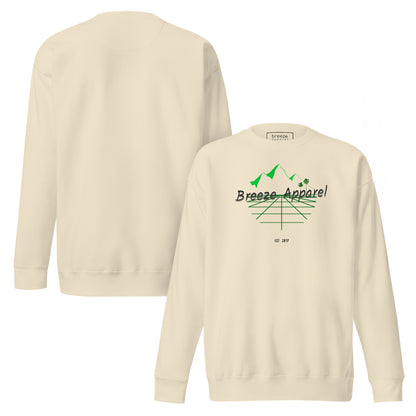 Beige sweatshirt with logo including black lettering, mountains, and palm trees. Plain back also shown.