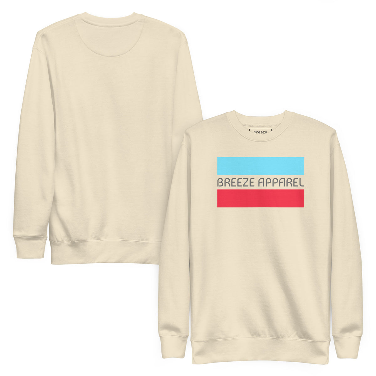 Beige sweatshirt with logo consisting of gray lettering set between light-blue and red horizontal lines. Plain back also shown.