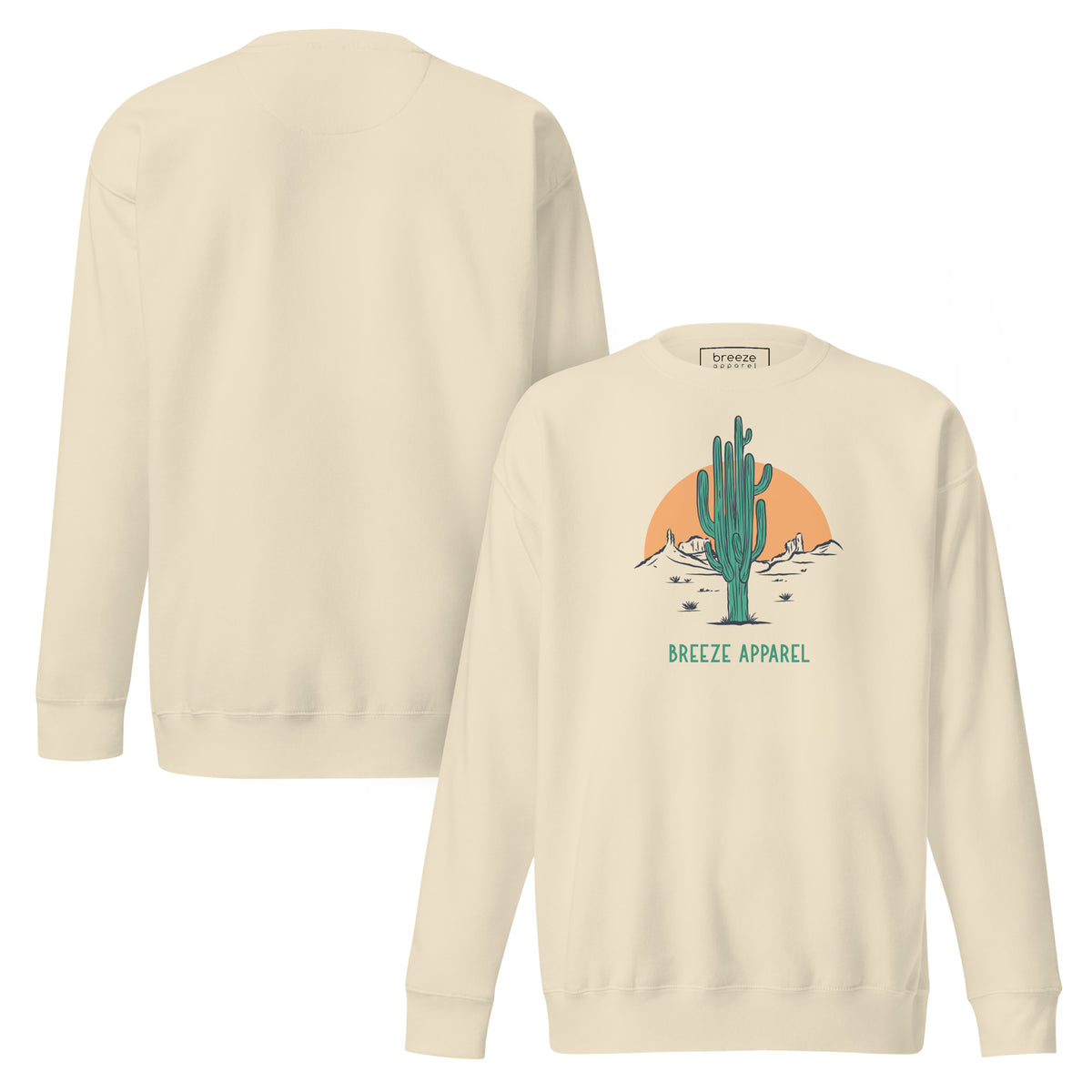 Beige sweatshirt with graphic of cactus and sun. Plain back also shown.