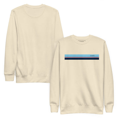 Beige sweatshirt with horizontal light-blue, red, white, and navy stripes across chest. Plain back also shown.