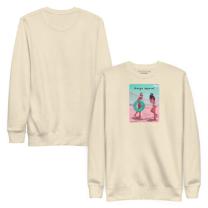 Beige sweatshirt with graphic of two women in bikinis, talking on the beach. Plain back of shirt is also shown.