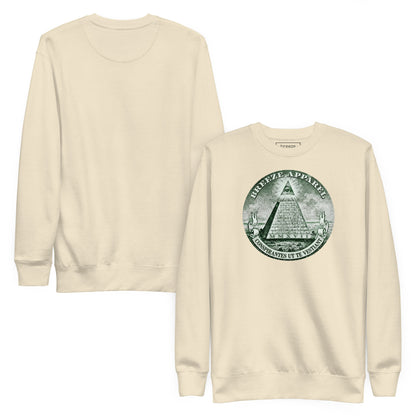 Beige sweatshirt with graphic of pyramid resembling that on the US one-dollar bill. Plain back of shirt also shown.
