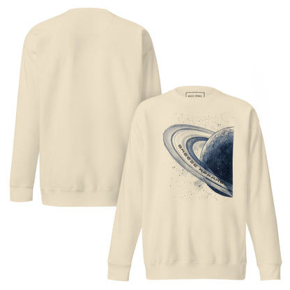 Beige sweatshirt with graphic of blue planet. Plain back of shirt also shown.