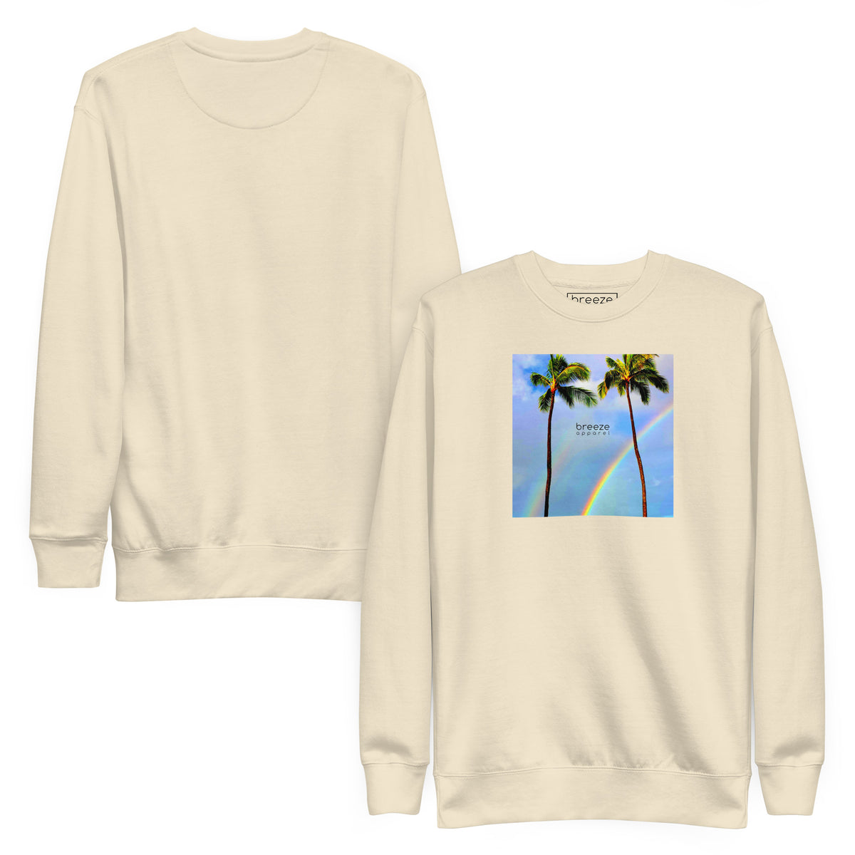 Beige sweatshirt with graphic of two palm trees with a rainbow in background. Plain back of shirt also shown.