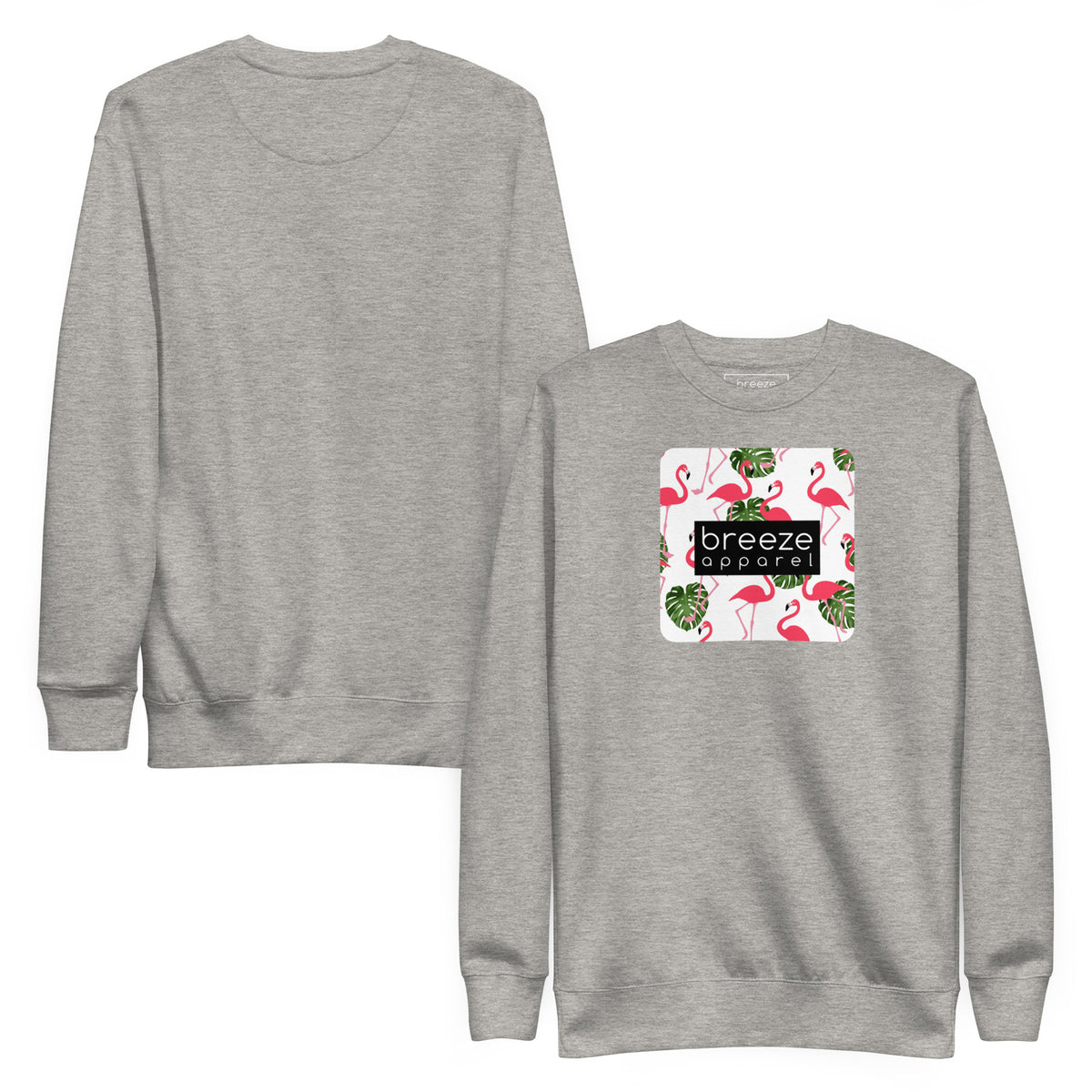 Gray sweatshirt with square graphic of flamingos and green palm leaves set on a white background and overlaid with a black, rectangular logo. Plain back of shirt also shown.
