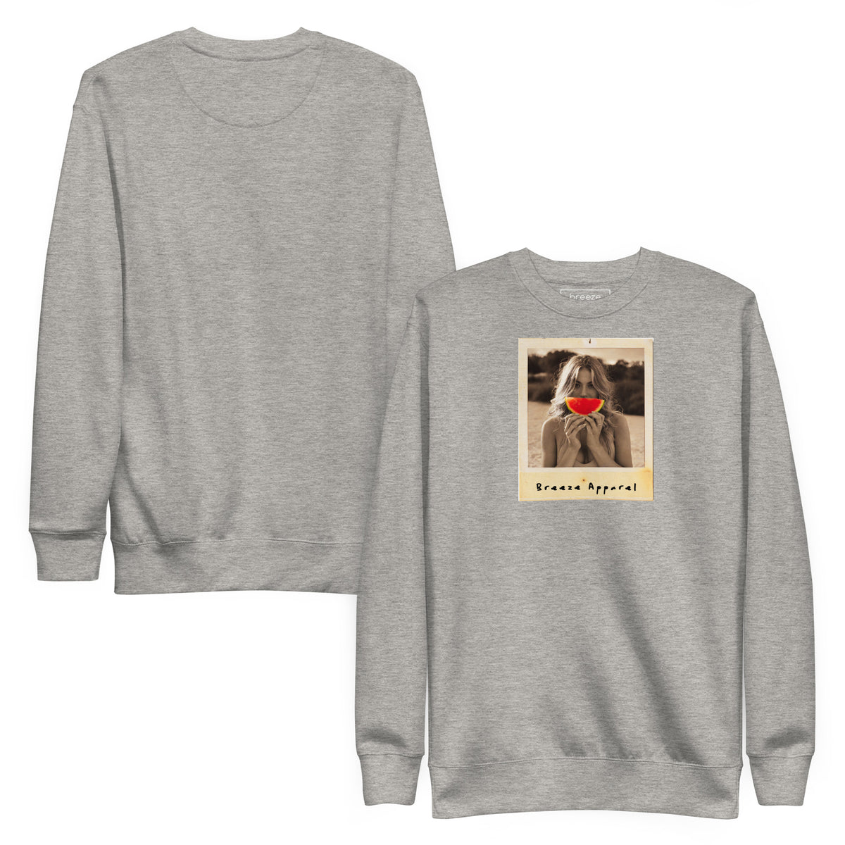 Gray sweatshirt with graphic of woman holding slice of watermelon in front of her mouth. Plain back also shown.