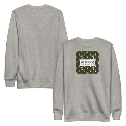 Gray sweatshirt with square graphic of mushrooms set on a green background and overlaid with a white, rectangular logo. Plain back also shown.