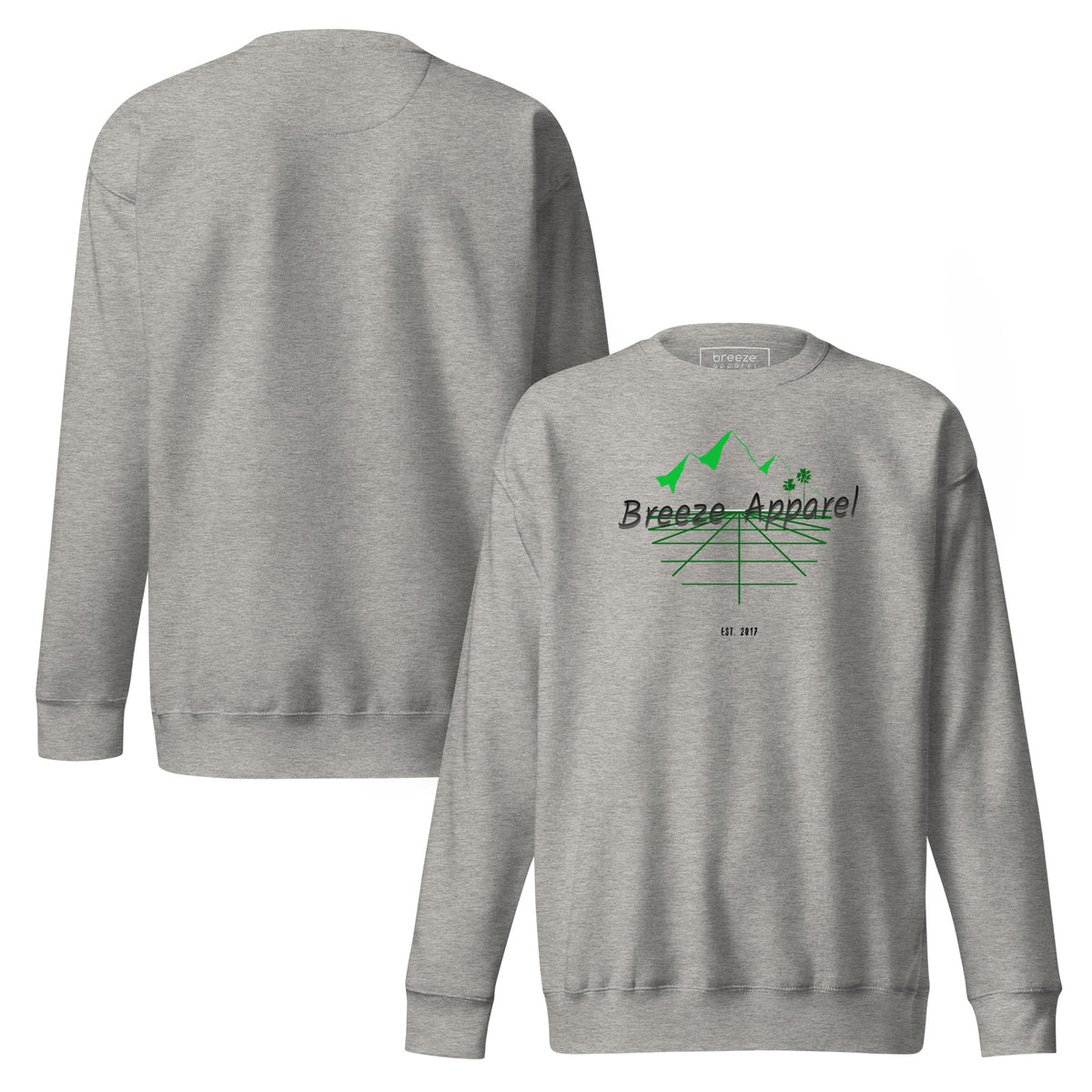 Gray sweatshirt with logo including black lettering, mountains, and palm trees. Plain back also shown.