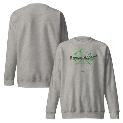 Gray sweatshirt with logo including black lettering, mountains, and palm trees. Plain back also shown.