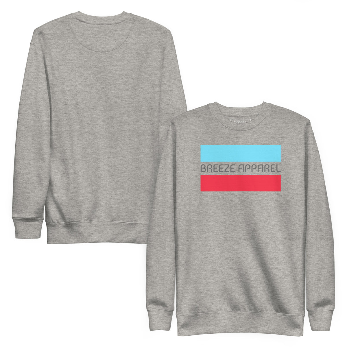 Gray sweatshirt with logo consisting of gray lettering set between light-blue and red horizontal lines. Plain back also shown.