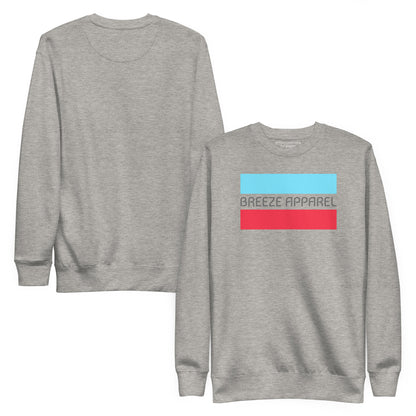 Gray sweatshirt with logo consisting of gray lettering set between light-blue and red horizontal lines. Plain back also shown.