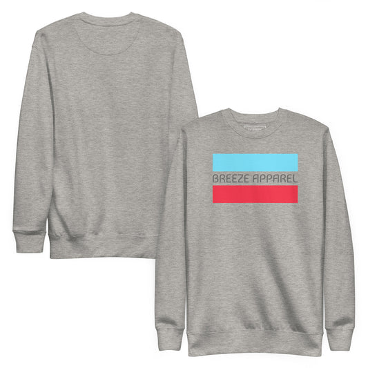 Gray sweatshirt with logo consisting of gray lettering set between light-blue and red horizontal lines. Plain back also shown.