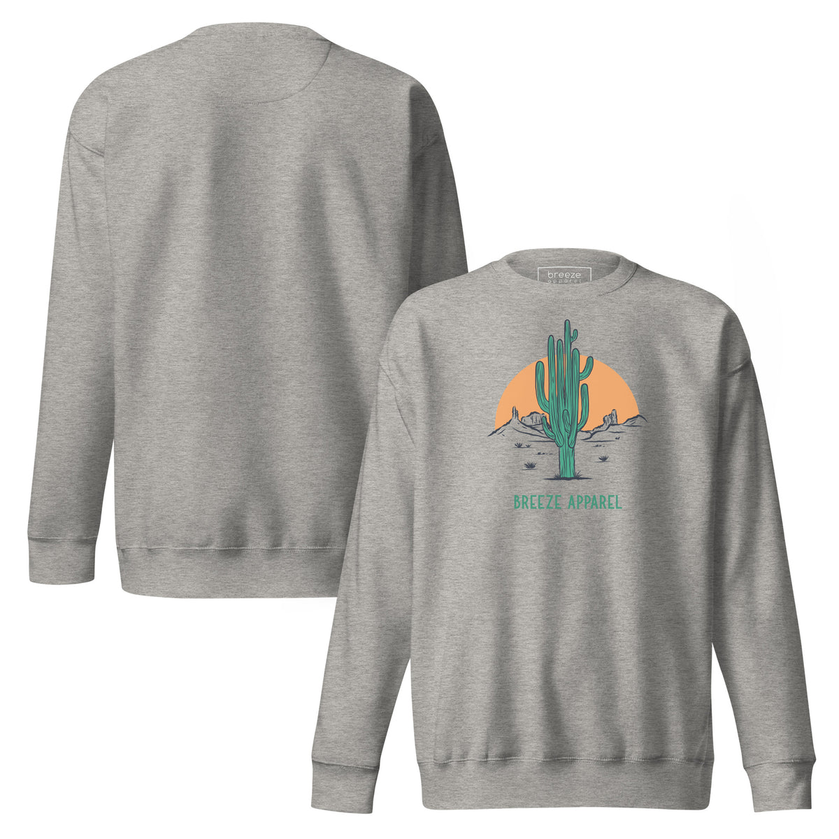 Gray sweatshirt with graphic of cactus and sun. Plain back also shown.