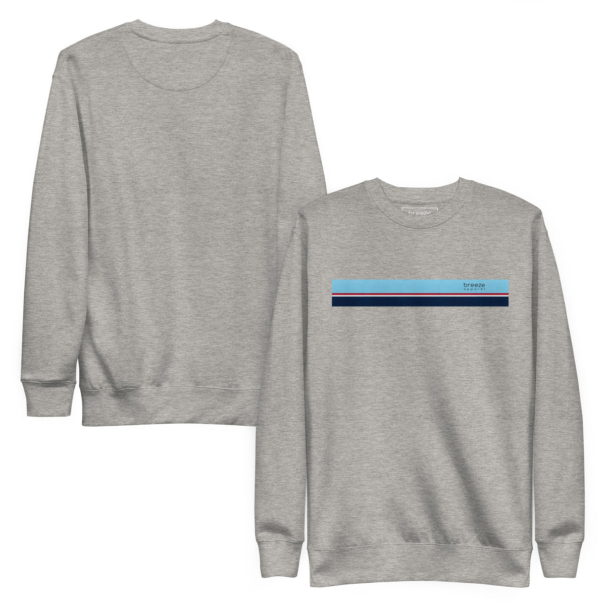 Gray sweatshirt with horizontal light-blue, red, white, and navy stripes across chest. Plain back also shown.