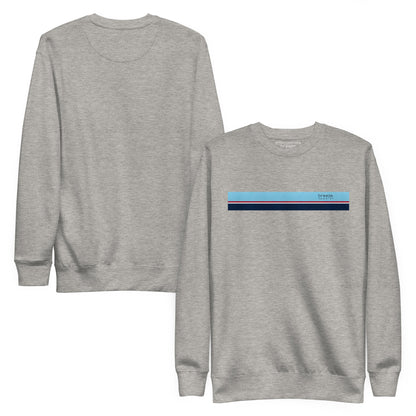 Gray sweatshirt with horizontal light-blue, red, white, and navy stripes across chest. Plain back also shown.