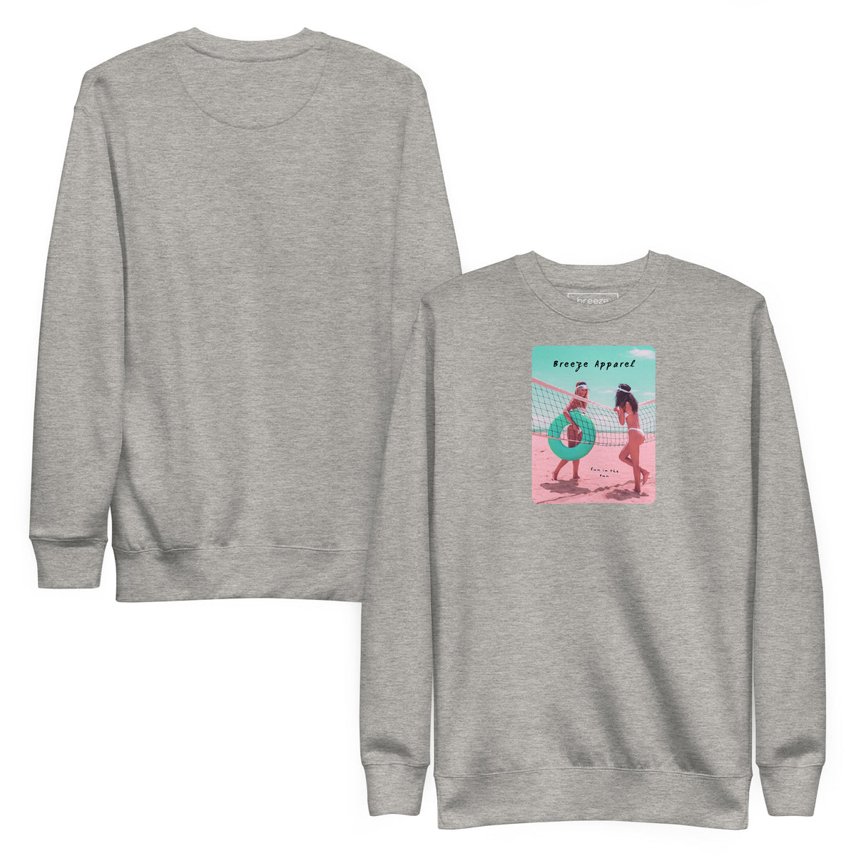 Gray sweatshirt with graphic of two women in bikinis, talking on the beach. Plain back of shirt is also shown.