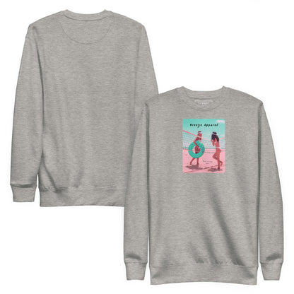 Gray sweatshirt with graphic of two women in bikinis, talking on the beach. Plain back of shirt is also shown.
