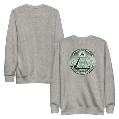 Gray sweatshirt with graphic of pyramid resembling that on the US one-dollar bill. Plain back of shirt also shown.