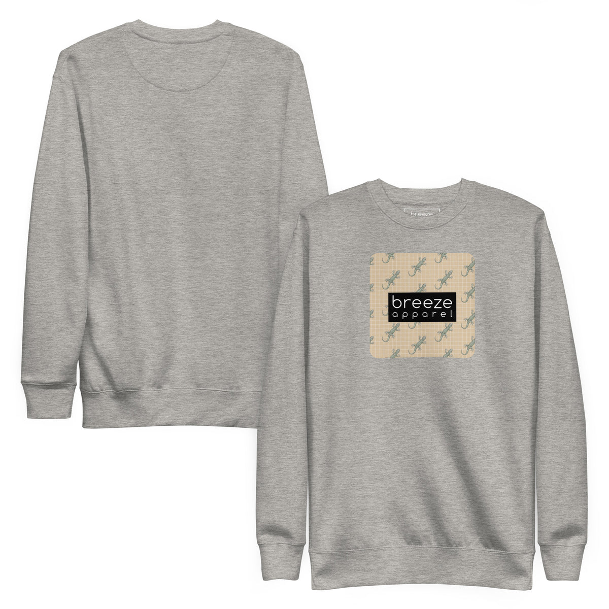 Gray sweatshirt with square over chest that contains pattern of green geckos set on beige background, overlaid with black, rectangular logo with white lettering. Plain back also shown.