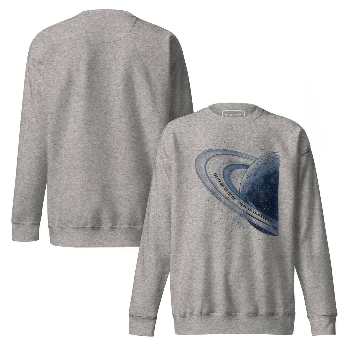 Gray sweatshirt with graphic of blue planet. Plain back of shirt also shown.