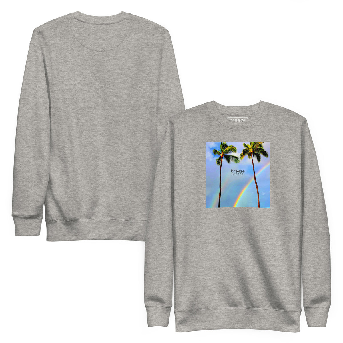Gray sweatshirt with graphic of two palm trees with a rainbow in background. Plain back of shirt also shown.